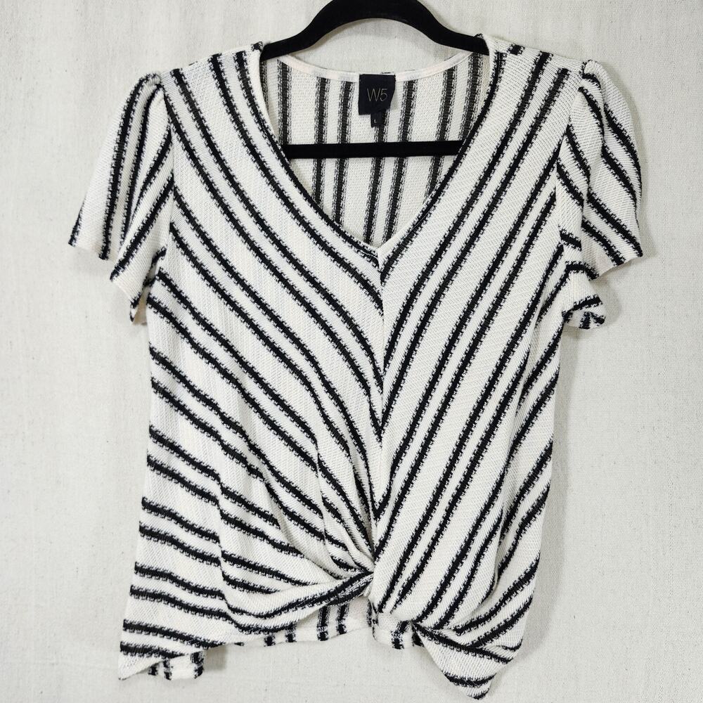 W5 Anthropologie Knitted Sweater V-neck Puff Sleeve Front Twist Rolled Knot LG